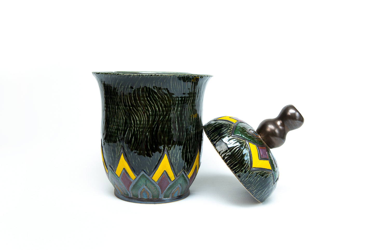 Fermentation Crock w/Dark Green & Various Glazes. Carved Art Deco Angled patterns.
