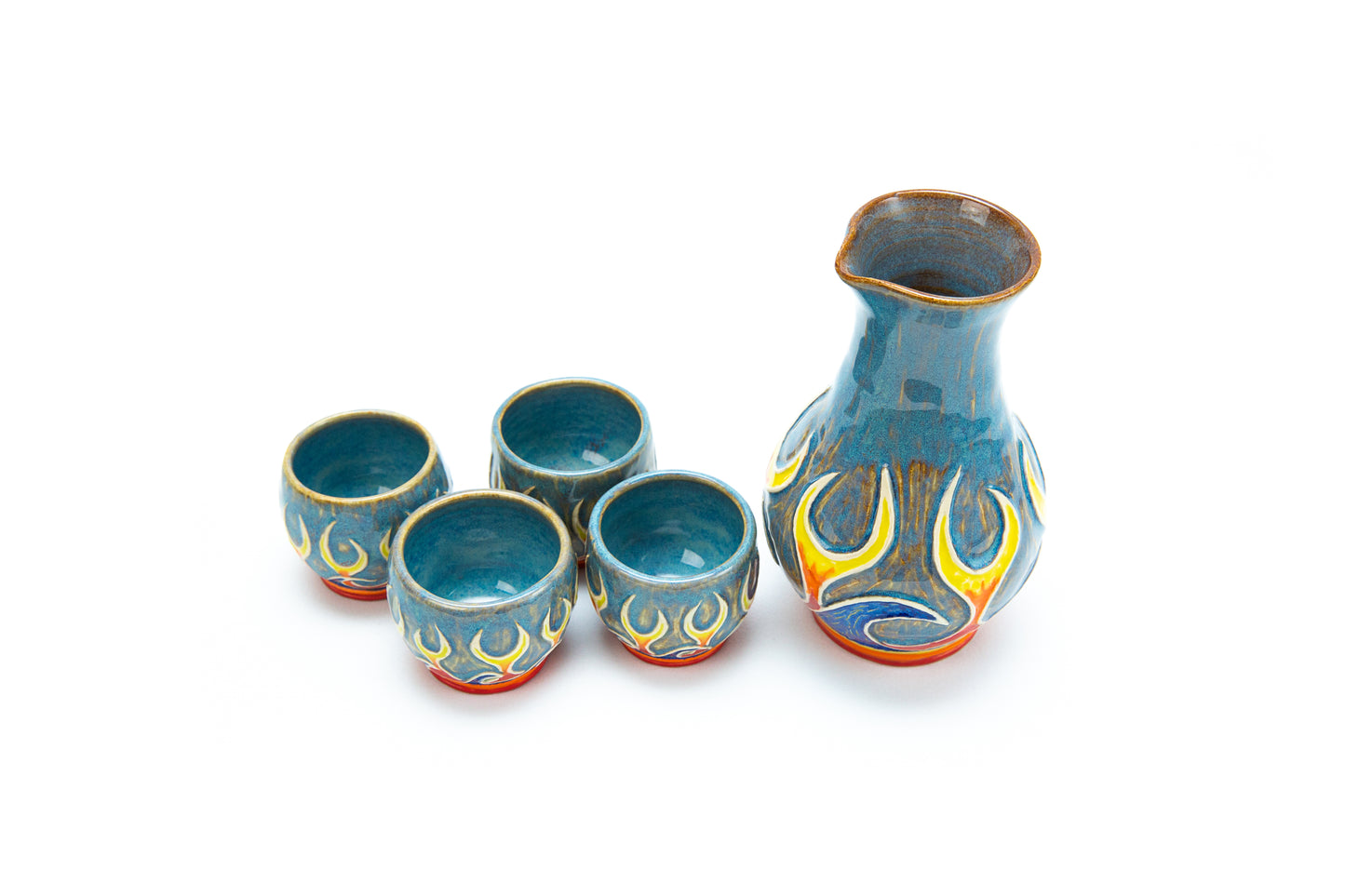 Sake Set with Carved Flames and Waves.