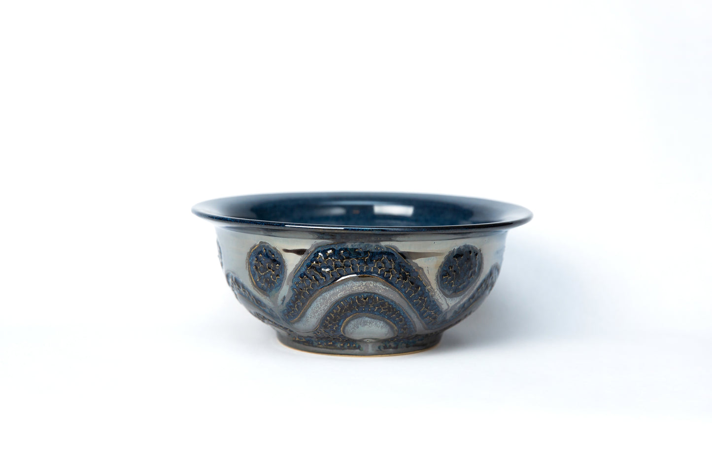 Chili Bowl. Dark Blue and Palladium Carved with Wave Pattern