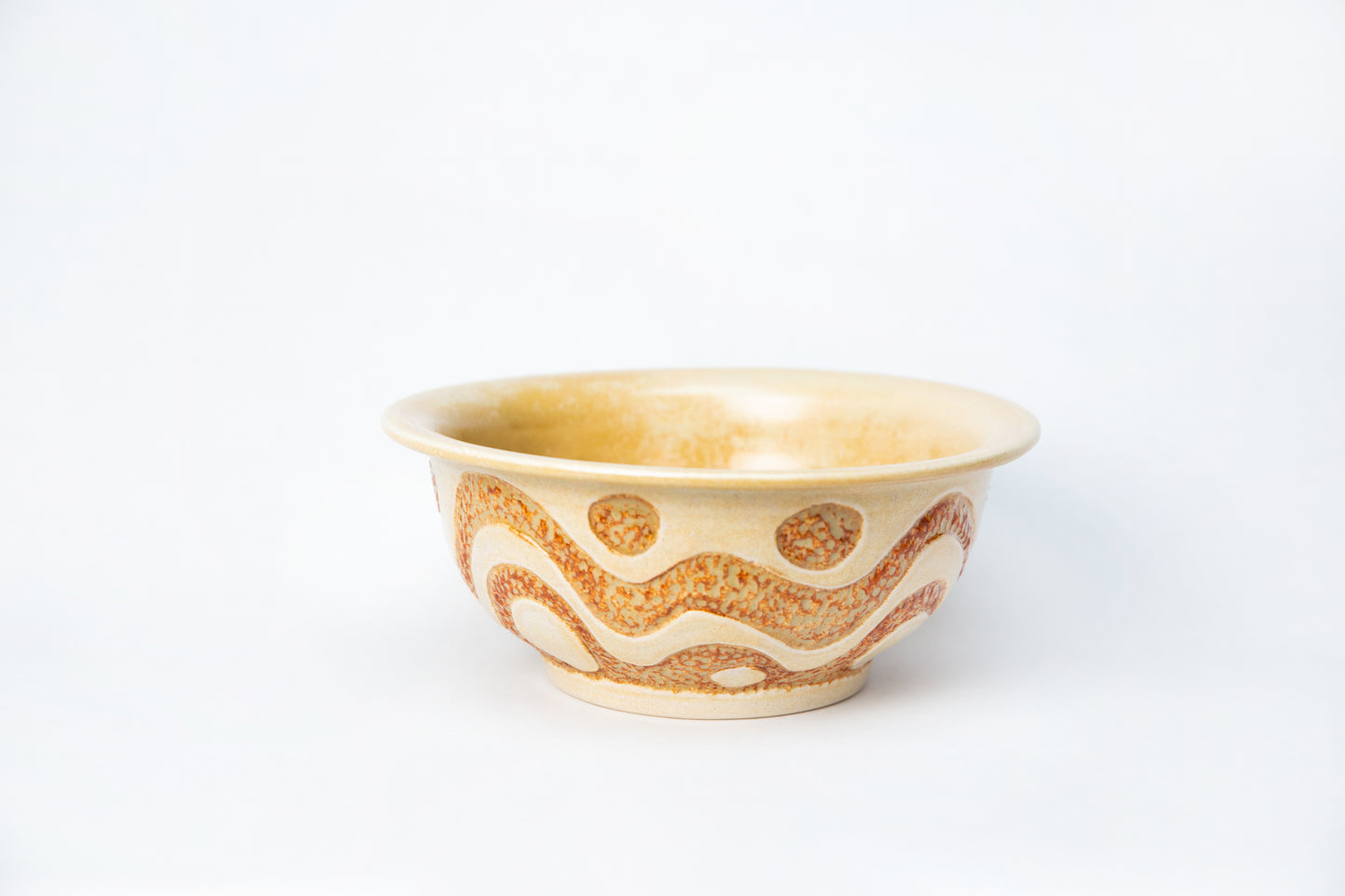 Chili Bowl. Matte Yellow and Ochre with Carved wave pattern