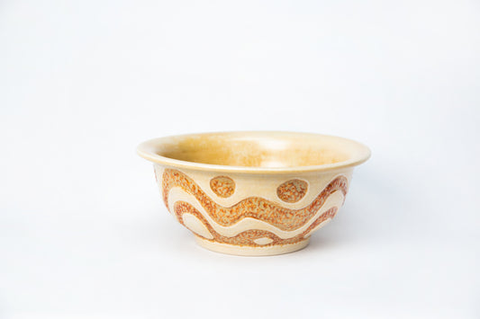 Chili Bowl. Matte Yellow and Ochre with Carved wave pattern