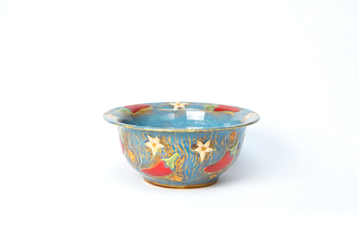 Blue Chili Bowl w/Carved Chilis and Flowers
