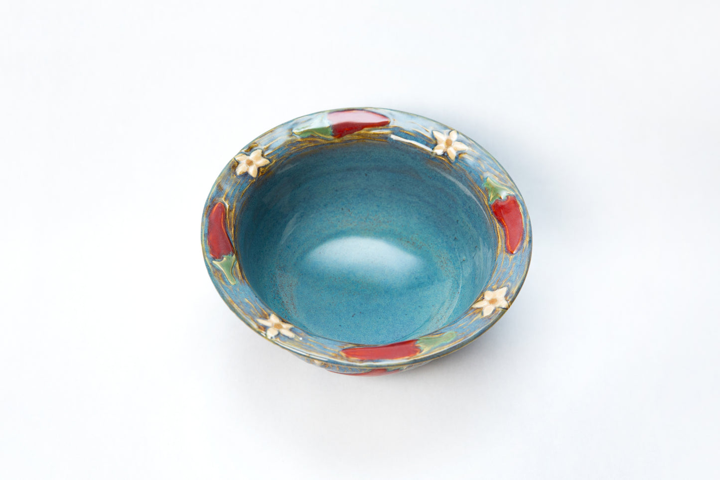 Blue Chili Bowl w/Carved Chilis and Flowers