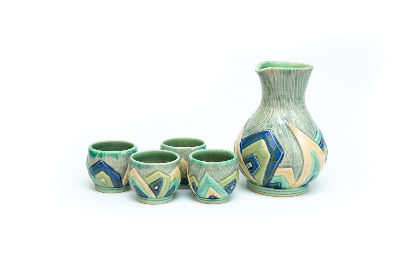 Blue Sake Set with Carved Art Deco angled pattern