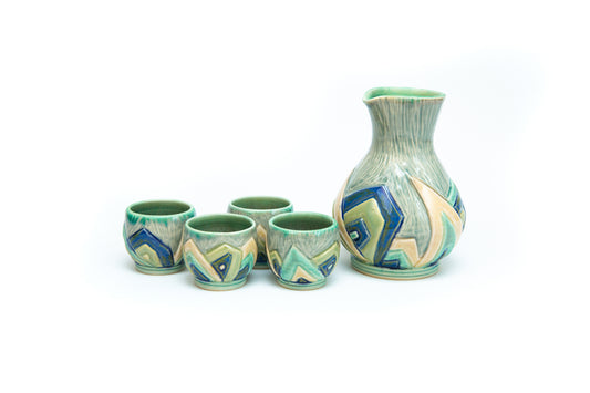Blue Sake Set with Carved Art Deco angled pattern