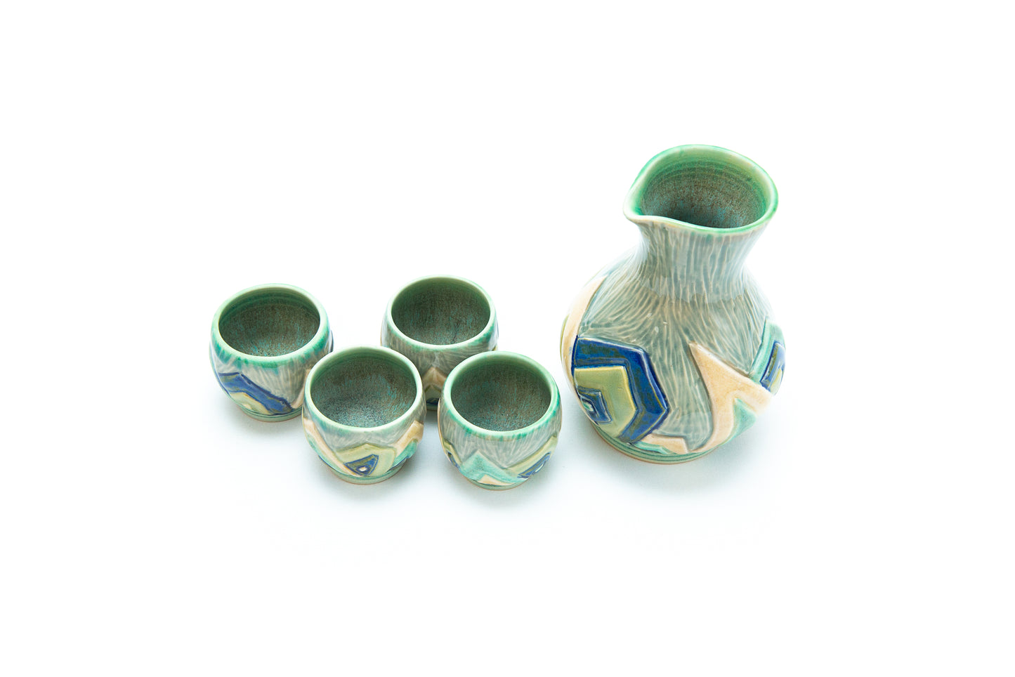 Blue Sake Set with Carved Art Deco angled pattern