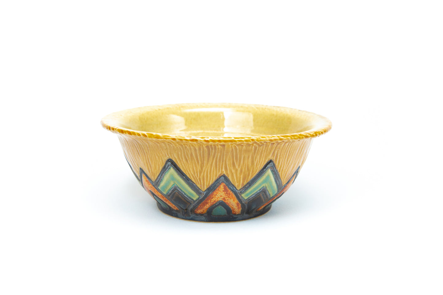 Chili Bowl, Ochre & Various Glazes, Carved with Angled Art Deco Pattern