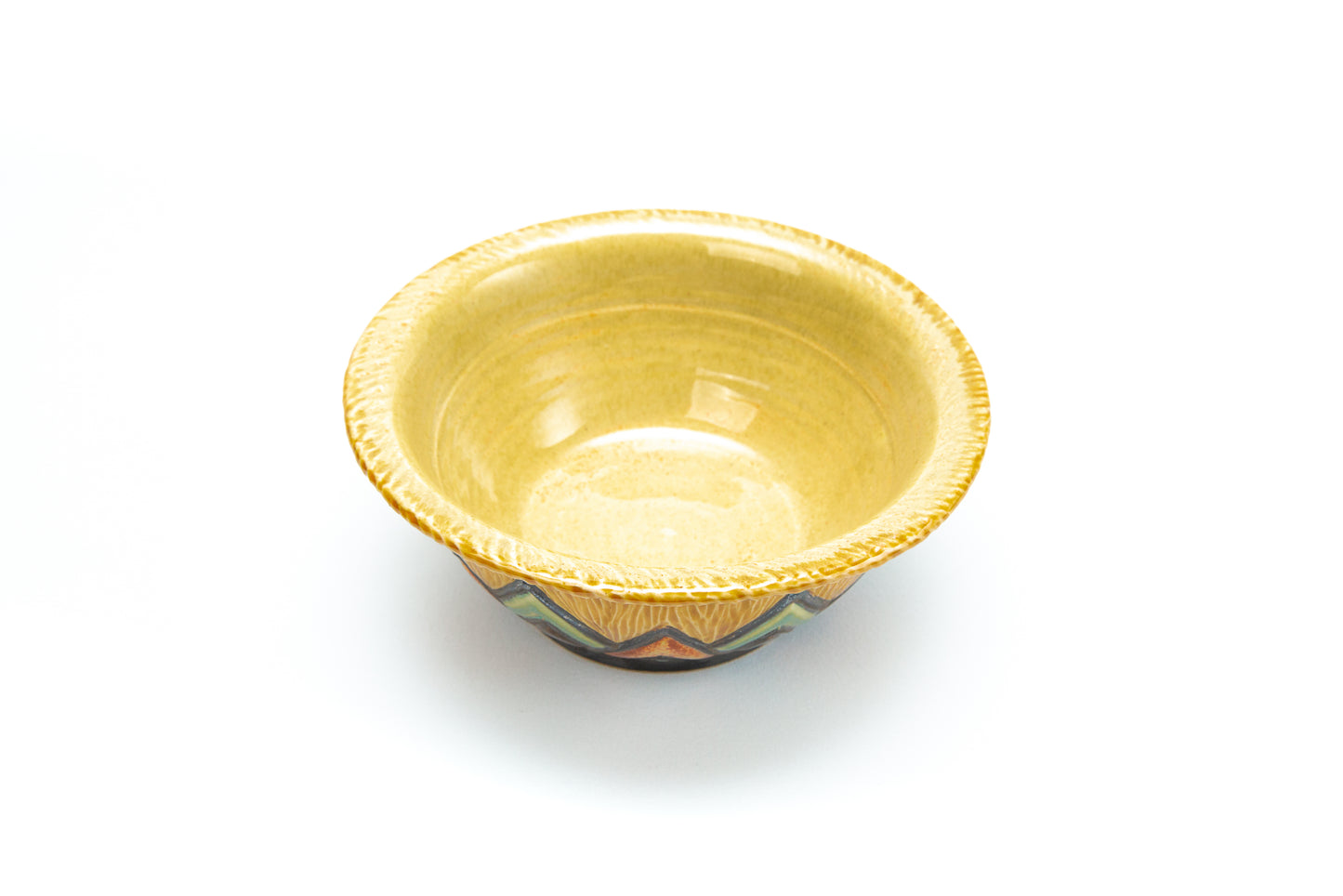 Chili Bowl, Ochre & Various Glazes, Carved with Angled Art Deco Pattern