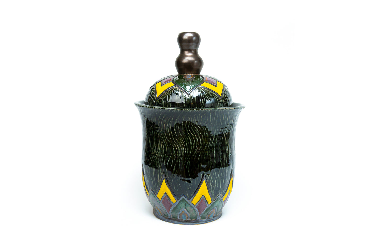 Fermentation Crock w/Dark Green & Various Glazes. Carved Art Deco Angled patterns.