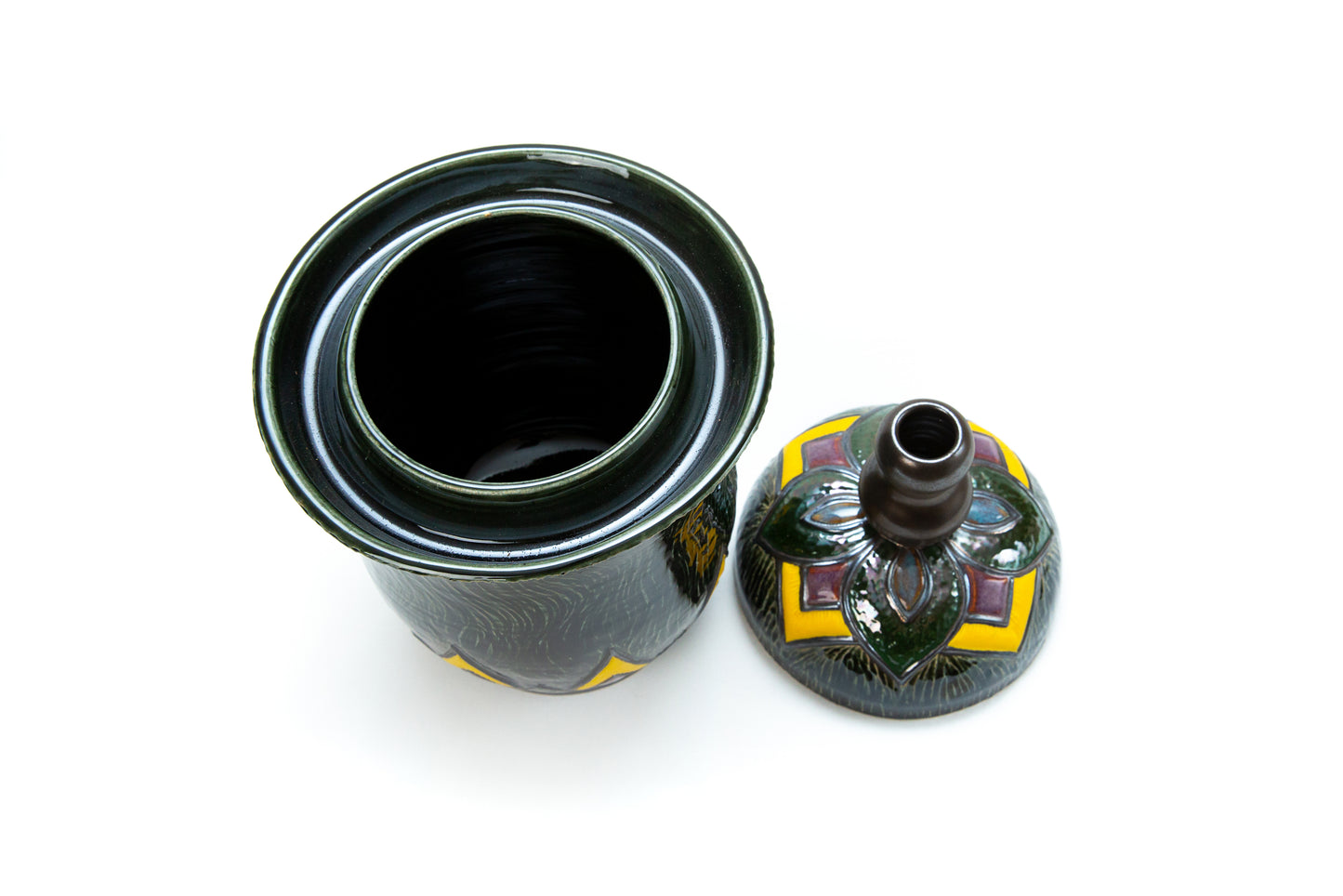 Fermentation Crock w/Dark Green & Various Glazes. Carved Art Deco Angled patterns.