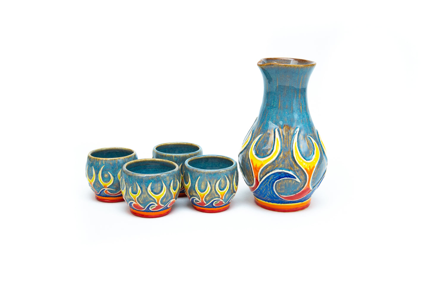 Sake Set with Carved Flames and Waves.