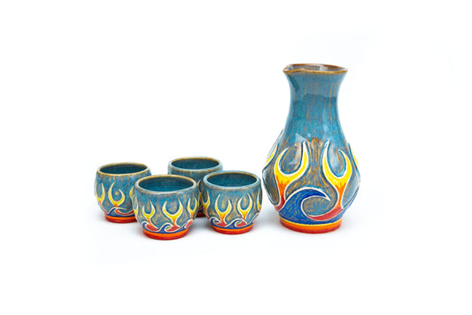 Sake Set with Carved Flames and Waves.